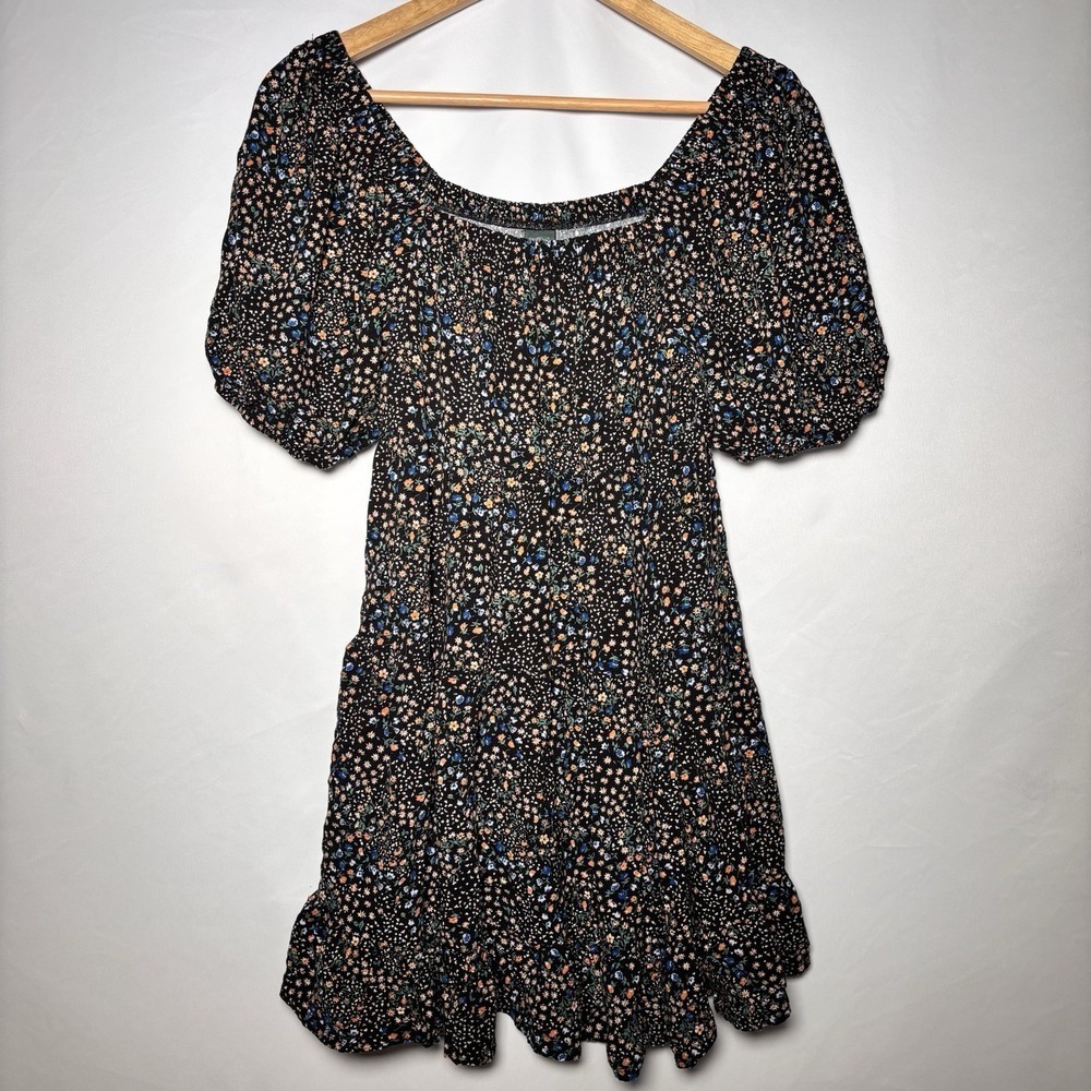 Boho Floral Swing Dress Womens Medium Puff Sleeve Mini Wild Fable Tiered Cottage
